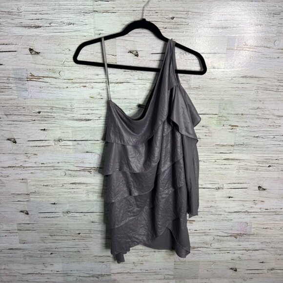 Bcbgmaxazria silver gray tiered ruffle one shoulder dress agate size small - Picture 7 of 10